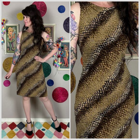 Vintage Y2K Brown and Gold Snakeskin Print Sleeveless Slinky Dress - Picture 1 of 7